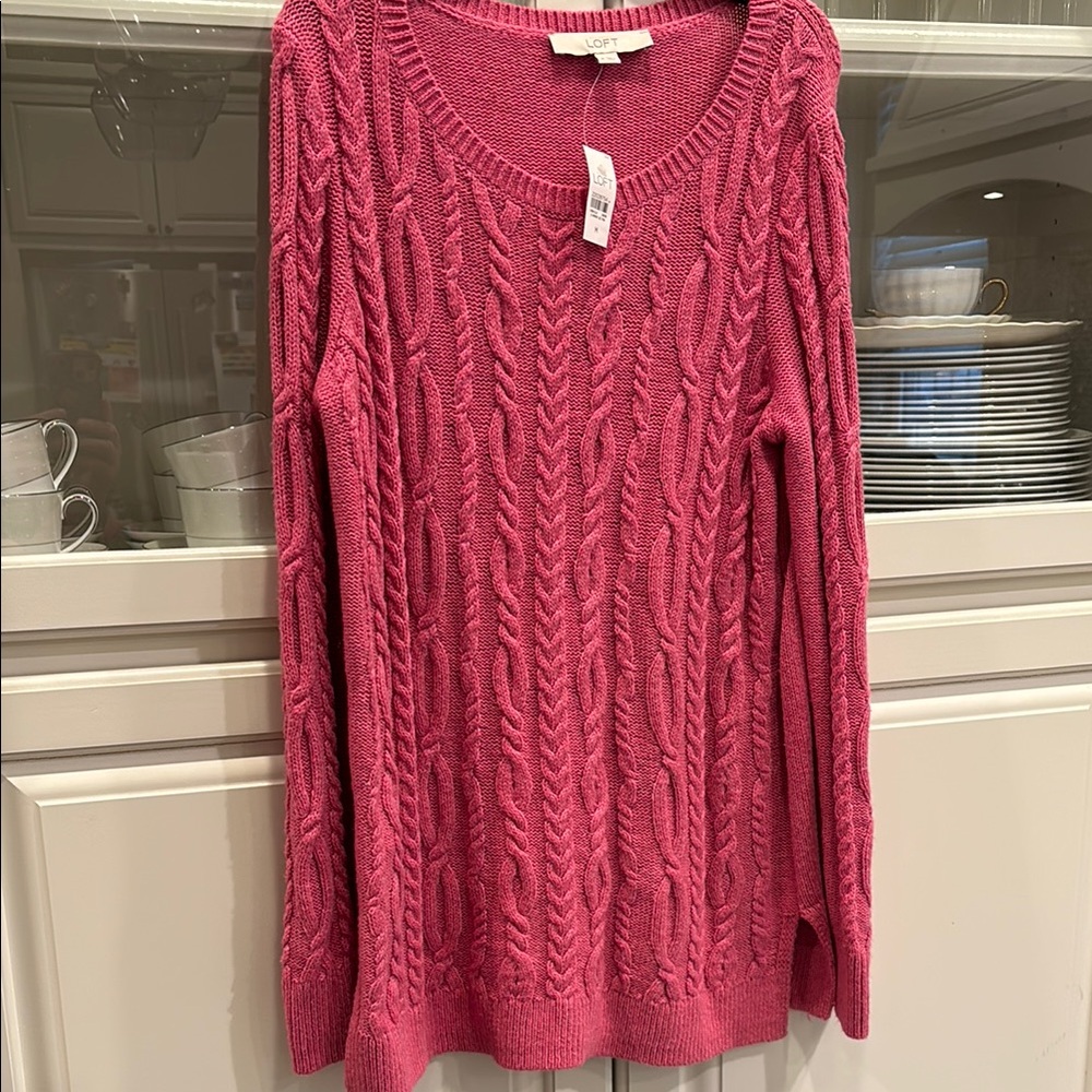 LOFT Pink Crew Neck Cable Knit Sweater